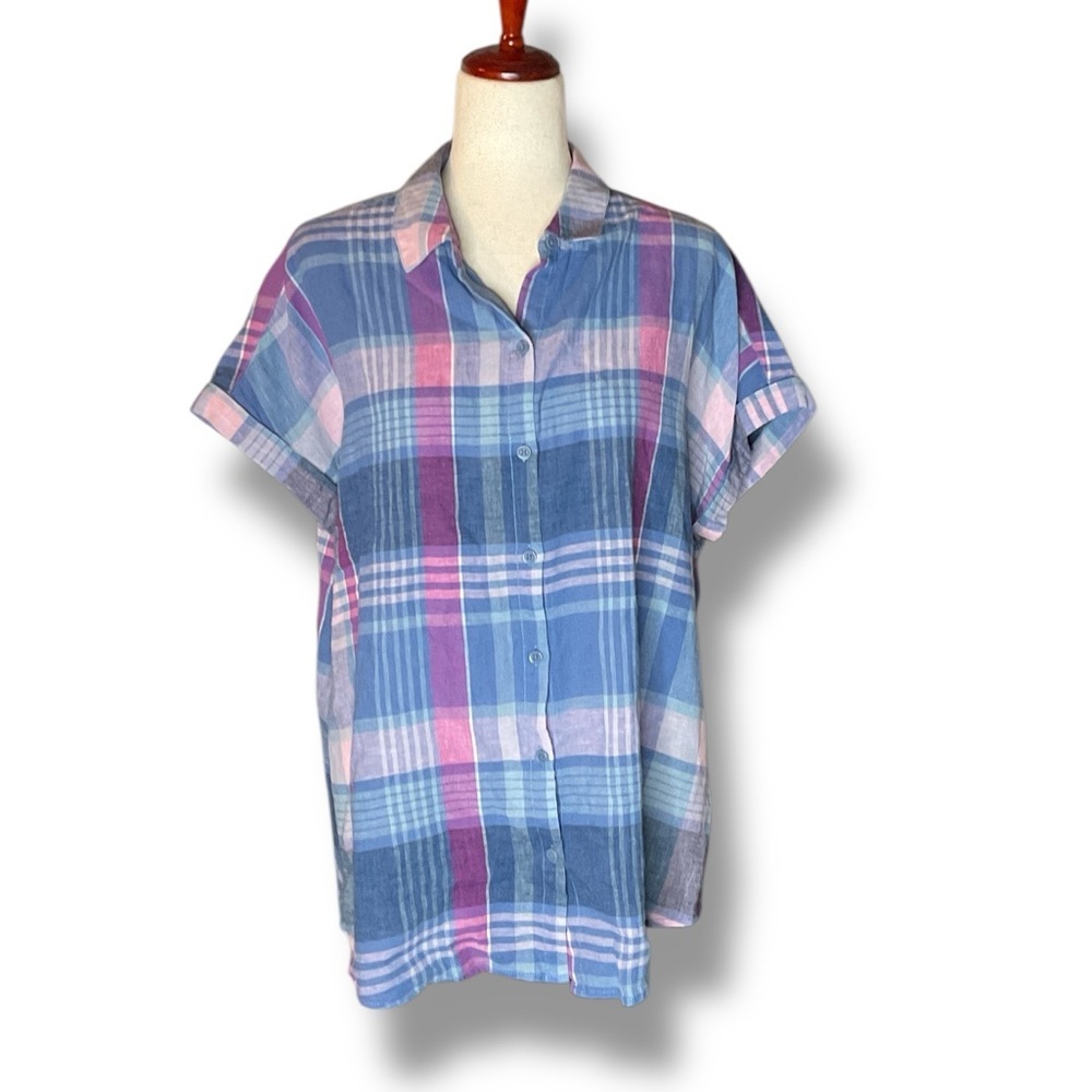 BeachLunchLounge Blue Plaid Linen Blend Button Collared Short Sleeve Shirt Large
